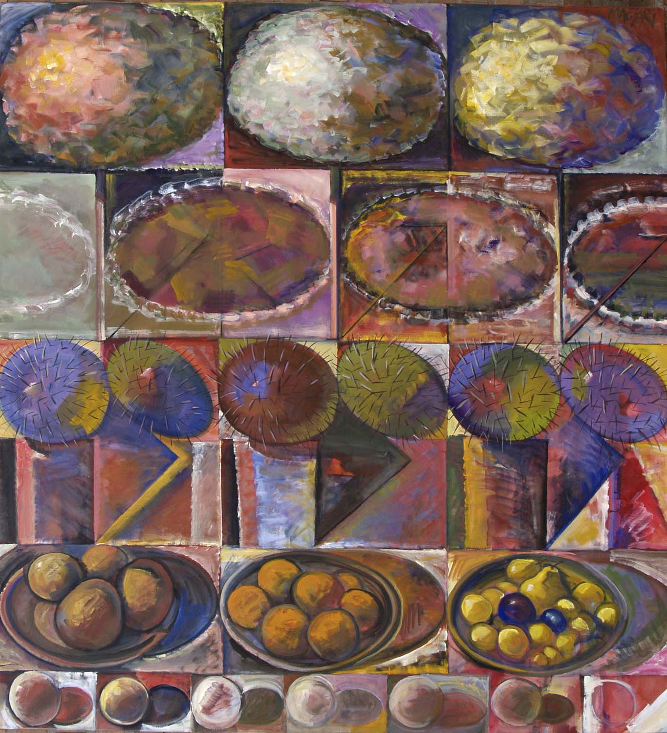2014 Kazettás csendélet-2 (Gömbakácok és más kerek formák) 140x153 olaj vászon
